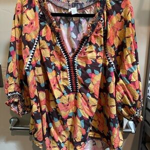 Sundance Orange Red Graphic 3/4 Sleeve Blouse